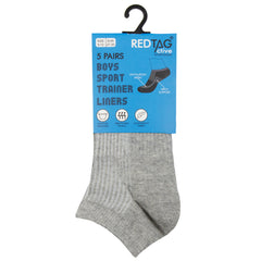 Boys Low Cut Trainer Liner Plain Socks Mesh Insert 5 Pairs- Grey