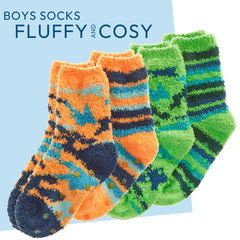 Boys Fluffy Snuggle Socks Cosy Bed Socks Non Slip Camo Striped Designs 2 Pairs