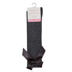 Girls Knee High Long Socks with Satin Bows 1 Pair Grey