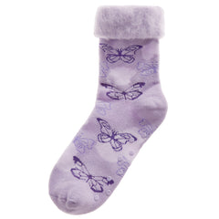 Womens Fluffy Sherpa Fleece Slipper Socks with Non Slip Grippers Purple Butterfly