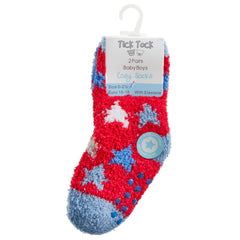 Baby Boys Socks With Grippers Fluffy Warm  Red Stars - 2 Pairs
