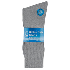 Mens Thick Cotton Rich Crew Sport Socks 5 Pairs Grey