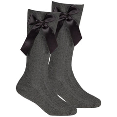 Girls Knee High Long Socks with Satin Bows 1 Pair Grey