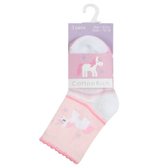 Baby Girls Novelty Socks Scallop Edge Pastel Pink Unicorn - 3 Pairs