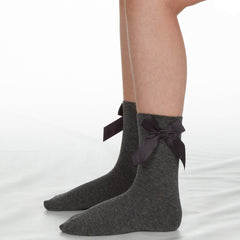 Girls Back To School Uniform Socks With Satin Bows 3 Pairs- Grey