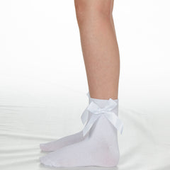 Girls Back To School Uniform Socks With Satin Bows 3 Pairs- White