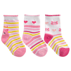 Baby Girls Design Fun Animals Cute Socks 3 Pairs Pink Yellow Cat