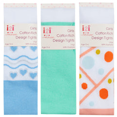 Girls Colourful Design Tights Mint Blue Coral- 3 Pairs