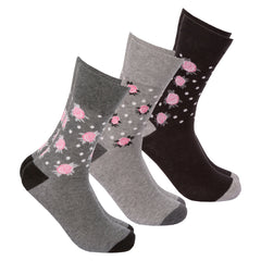 Womens Non Elastic Loose Top Socks 3 Pairs Grey Roses