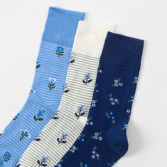 Womens 3-Pack Cotton Rich Floral Mid-Calf Socks - Blue