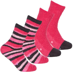 Womens Fluffy Cosy Chunky Non Slip Anti Grippers Socks 2 Pairs Red