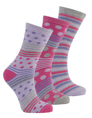 Womens Stripes Dots Socks 3 Pairs Pink - Lilac