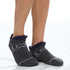 Mens Fluffy Low Cut Sherpa Fleece Slipper Socks with Non Slip Grippers Navy and Grey