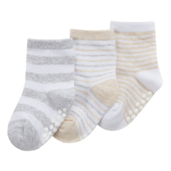 Baby's Cotton Rich Stripe Patterned Socks with Grippers 3 Pairs - Cream