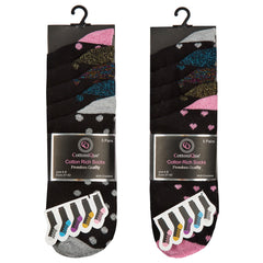 Womens 5 Pairs Spotted Hearts Glitter Socks