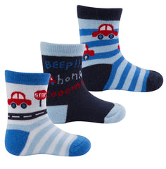 Baby Boys 3 Pairs Novelty Cartoon Socks Blue Car