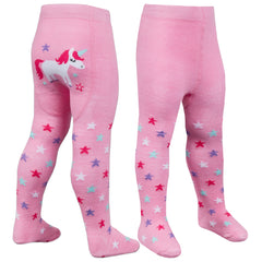Baby Girls Patch Panel Tights With Rubber Grippers 1 Pair Pink Unicorn