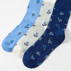Womens 3-Pack Cotton Rich Floral Mid-Calf Socks - Blue