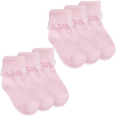 Girls Kids Lace Socks Turn Over Organza Frill 6 Pairs Pink