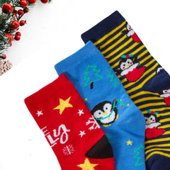 Kids Cotton Rich Novelty Christmas Design Socks 3 Pairs Penguin