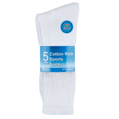 Mens Thick Cotton Rich Crew Sport Socks 5 Pairs White