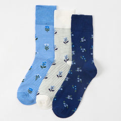 Womens 3-Pack Cotton Rich Floral Mid-Calf Socks - Blue
