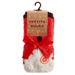 Womens Christmas Fluffy Bed Socks With Grippers 1 Pair- Santa