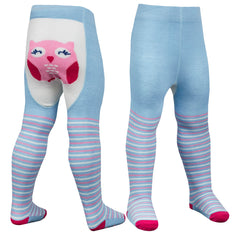Baby Girls Patch Panel Tights With Rubber Grippers 1 Pair - Blue Owl