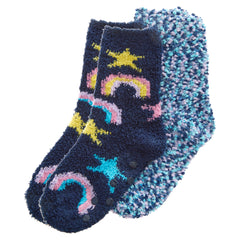Girls Fluffy Snuggle & Popcorn Cosy Bed Socks Non Slip Leopard Stars Designs 2 Pairs