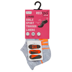 Girls Trainer Liner Socks Low Cut Ankle Jog Walk Run Mesh Insert 3 Pairs- Orange