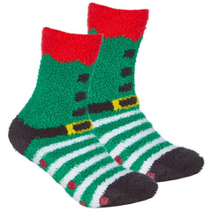 Womens Christmas Fluffy Bed Socks With Grippers 1 Pair- Elf