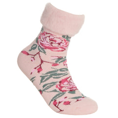 Womens Fluffy Sherpa Fleece Slipper Socks with Non Slip Grippers Pink Rose