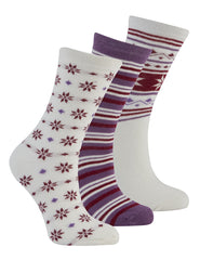 Womens Stripes Dots Socks 3 Pairs White Purple - Fairisle