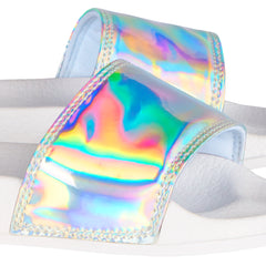 Girls Holographic Sliders Flip Flops White Lightweight Comfortable Slippers