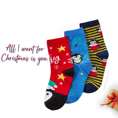 Kids Cotton Rich Novelty Christmas Design Socks 3 Pairs Penguin