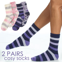 Womens Cosy Feather Yarn Fluffy Winter Bed Socks with Non Slip Grippers 2 Pairs