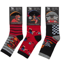 Boys Novelty Crew Socks Racing Football Dino 9 Pairs