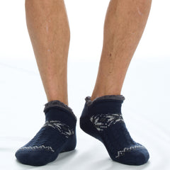 Mens Fluffy Low Cut Sherpa Fleece Slipper Socks with Non Slip Grippers Navy and Grey