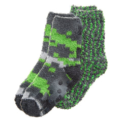 Boys Fluffy Snuggle & Popcorn Cosy Bed Socks Non Slip Pixel Minecraft Design 2 Pairs