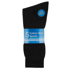 Mens Thick Cotton Rich Crew Sport Socks 5 Pairs Black