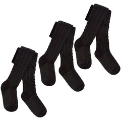Girls Back To School Warm Cable Knitted Tights Black 3 Pairs