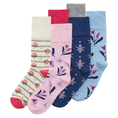 Womens Bamboo Floral Comfort Fit Mid Calf Socks Patterned Loose Top Crew Socks 6 Pairs