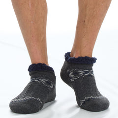 Mens Fluffy Low Cut Sherpa Fleece Slipper Socks with Non Slip Grippers Grey