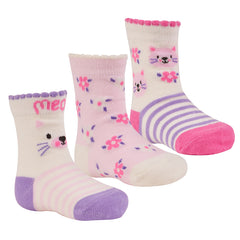 Baby Girls Scallop Edge Novelty Socks 3 Pairs Cream Cat