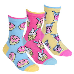 Girls Novelty Design Cartoon Crew Socks Blue- 3 Pairs