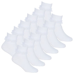 6 Pairs Girls Kids Frilly Socks Organza Lace Frill School Ankle Socks White