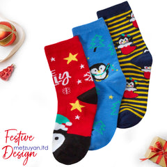 Kids Cotton Rich Novelty Christmas Design Socks 3 Pairs Penguin