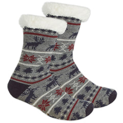 Mens Chunky Knitted With Grippers Christmas Sherpa Fleece Socks Grey