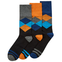Mens Bamboo Diamond Patterned Loose Top Crew Mid Calf Socks - Orange 3 Pairs