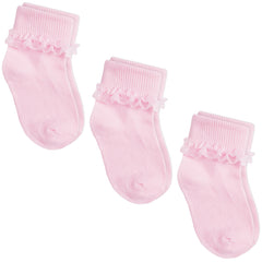Girls Cute Frilly Ruffle Organza Lace Socks Pink 3 Pairs